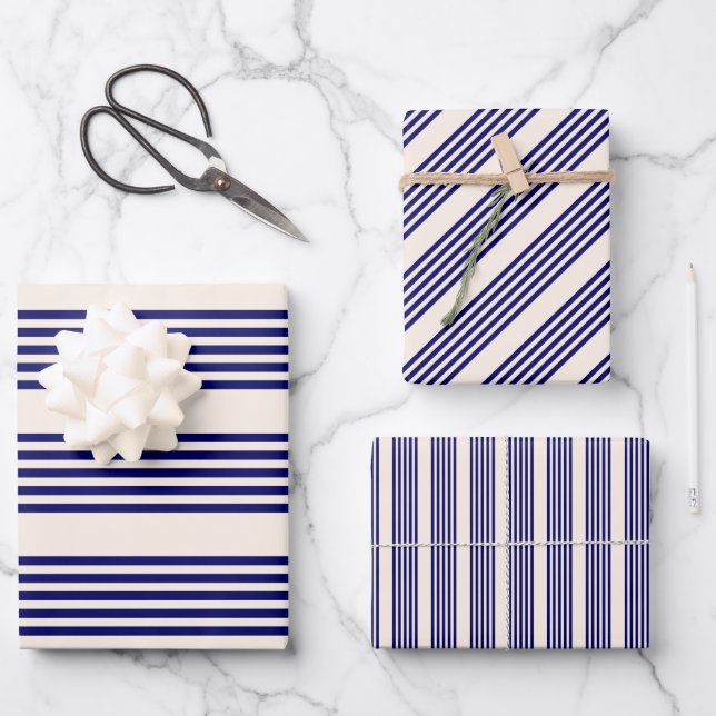 Navy blue and beige five stripes pattern wrapping paper sheet (Front)
