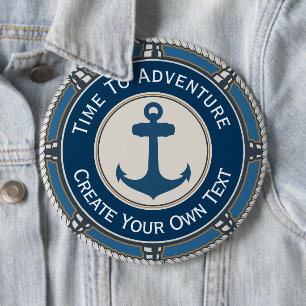 Navy Blue and Beige Round with Coastal Compass 6 Inch Round Button