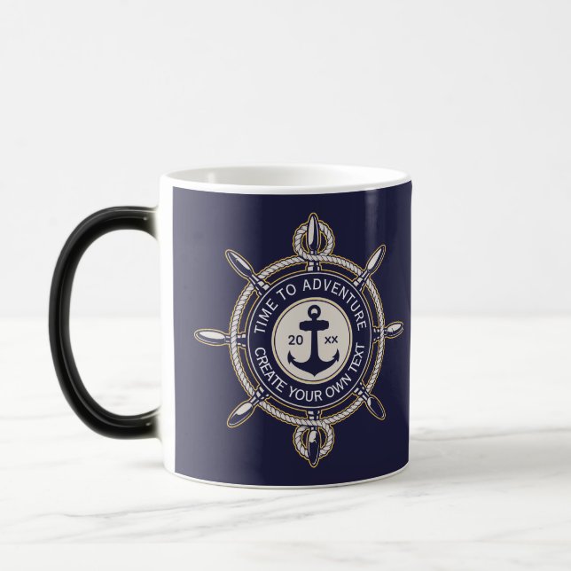 Navy Blue and Beige Round with Coastal Compass Magic Mug (Left)