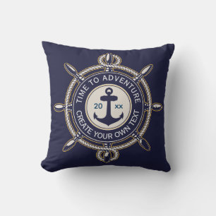 Navy Blue and Beige Round with Coastal Compass Throw Pillow