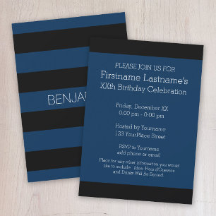 Navy Blue and Black Rugby Stripes with Custom Name Invitation