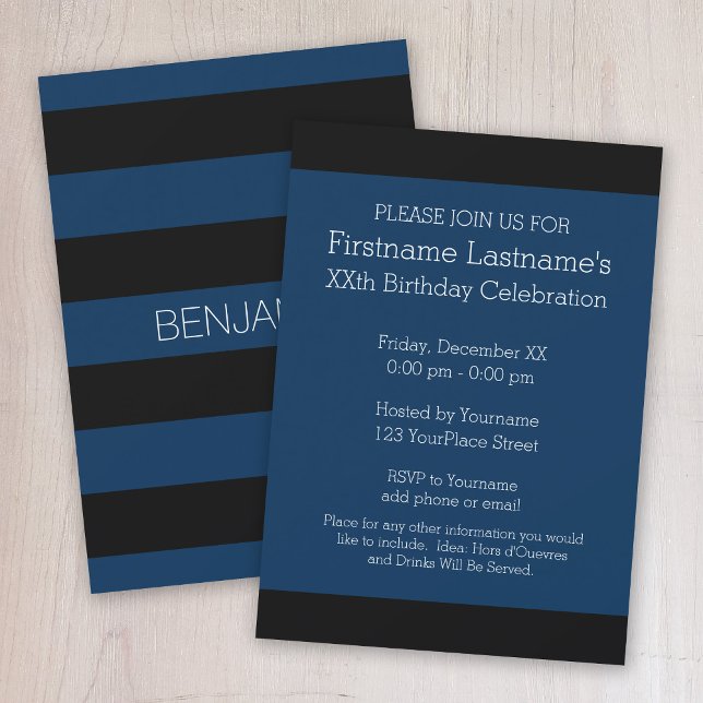 Navy Blue and Black Rugby Stripes with Custom Name Invitation (Black and navy blue rugby stripe birthday party invitation)