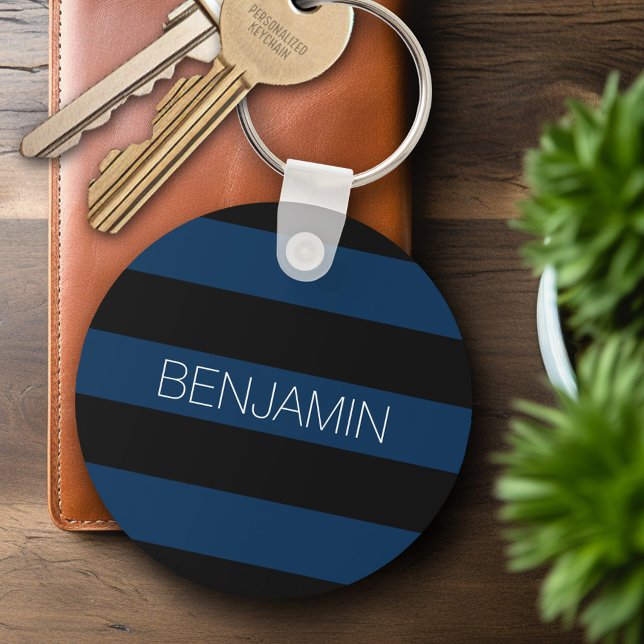 Navy Blue and Black Rugby Stripes with Custom Name Keychain (Personalized Keychain - Sports Stripes Theme)