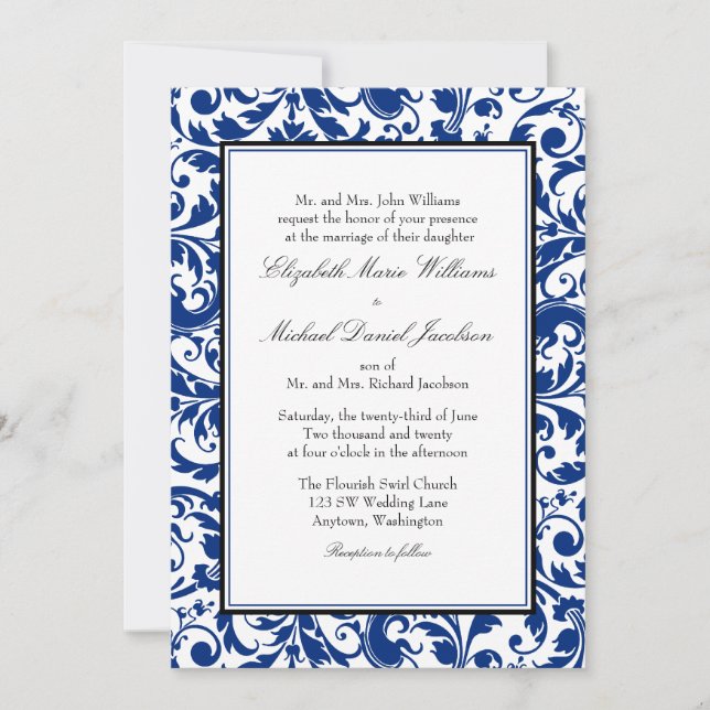 Navy Blue and Black Swirl Damask Wedding Invitation (Front)