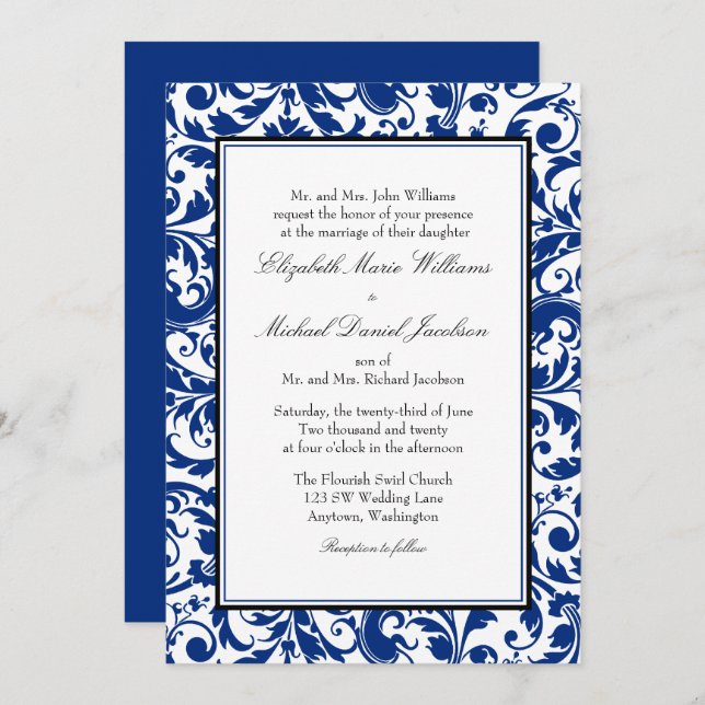Navy Blue and Black Swirl Damask Wedding Invitation (Front/Back)