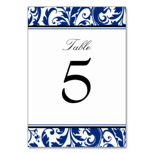 Navy Blue and Black Swirl Damask Wedding Table Number