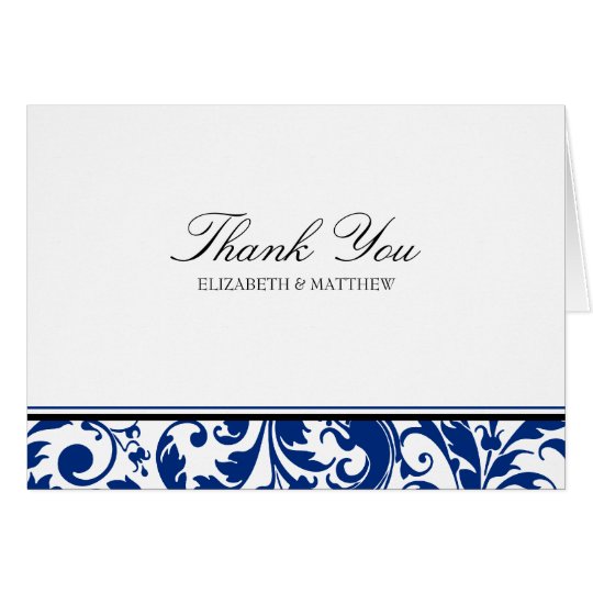 Navy Blue and Black Swirl Damask Wedding Thank You Card