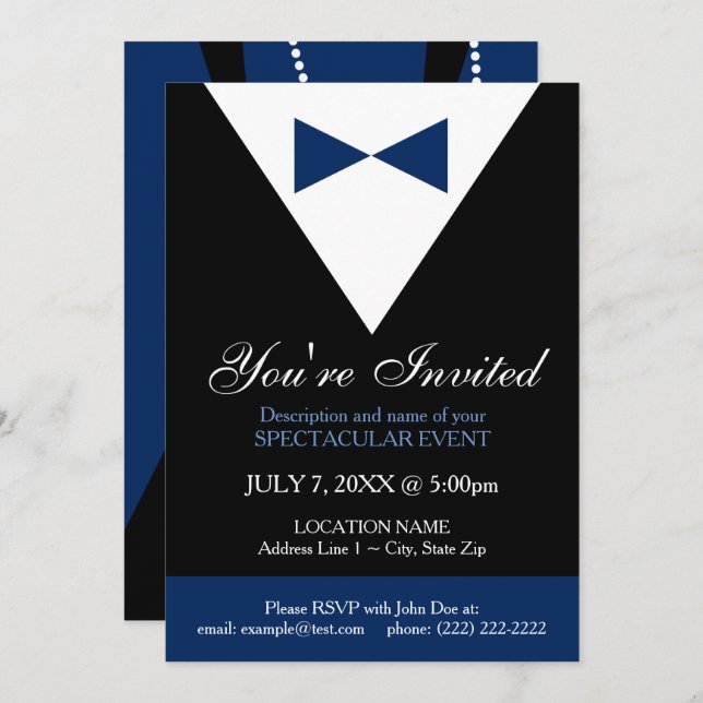 Navy Blue and Black Tux Invitation, Modern Invitation (Front/Back)