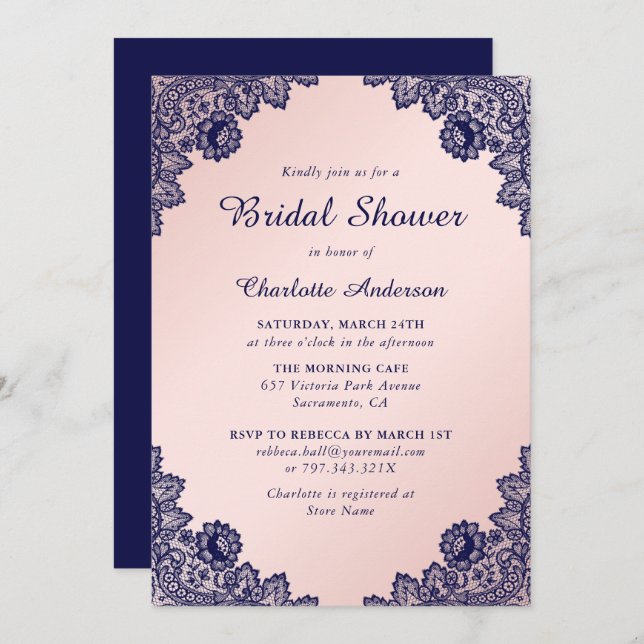 Navy Blue and Blush Floral Bridal Shower Invitation (Front/Back)
