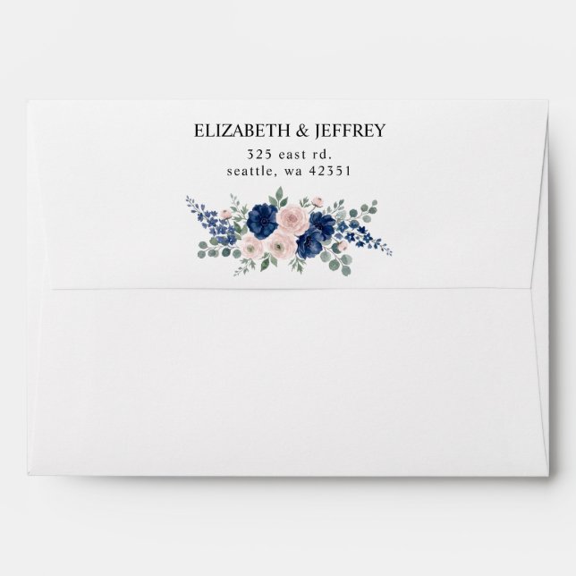 Navy Blue and Blush Floral Modern Wedding Envelope (Back (Top Flap))