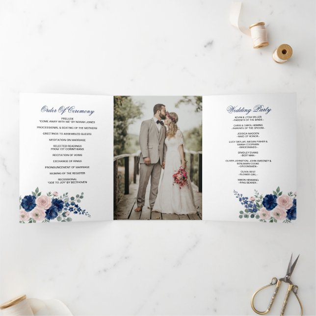 Navy Blue and Blush Floral Modern Wedding Tri-Fold Programme (Inside)