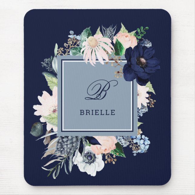 Navy Blue and Blush Floral | Name and Monogram Mouse Pad (Front)