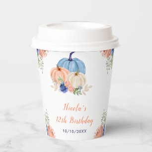 Navy Blue and Blush Floral Pumpkins Birthday Paper Cups