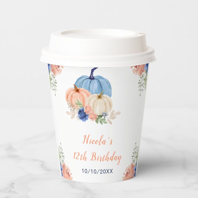 Navy Blue and Blush Floral Pumpkins Birthday Paper Cups (Front)