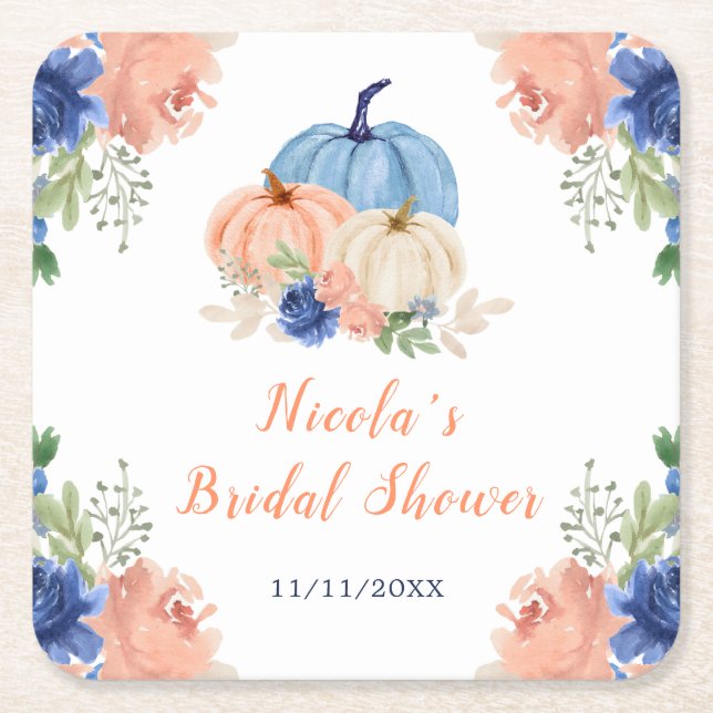 Navy Blue and Blush Floral Pumpkins Bridal Shower Square Paper Coaster (Front)