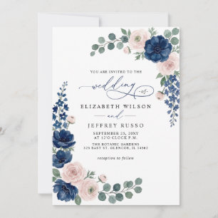 Navy Blue and Blush Floral QR Code Wedding Invitation