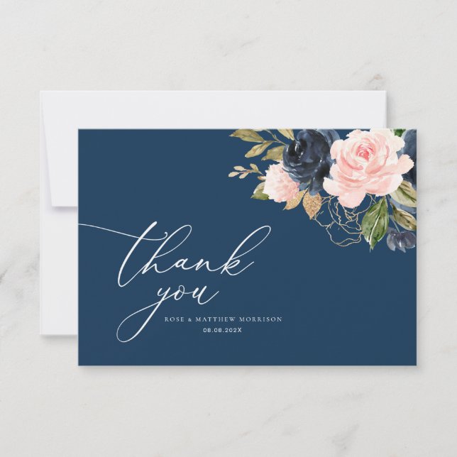 navy blue and blush floral wedding  thank you card (Front)