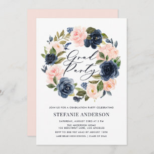 Navy Blue and Blush Floral Wreath Graduation Invitation