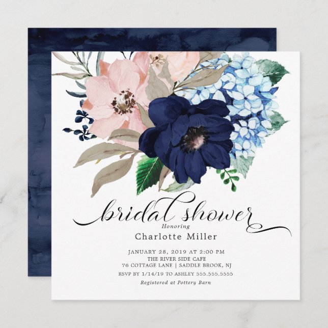 Navy Blue and Blush Flowers Bridal Shower Invitation (Front/Back)