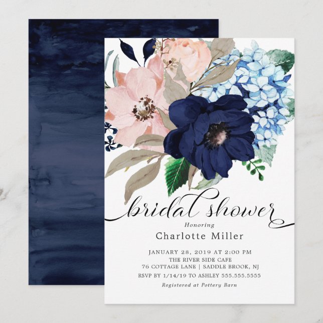 Navy Blue and Blush Flowers Bridal Shower Invitation (Front/Back)