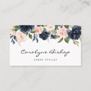 Navy Blue and Blush Flowers Garland Script Business Card