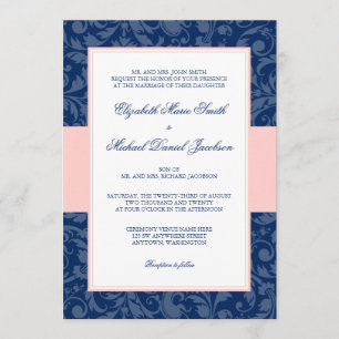 Navy Blue and Blush Pink Damask Swirl Wedding Invitation