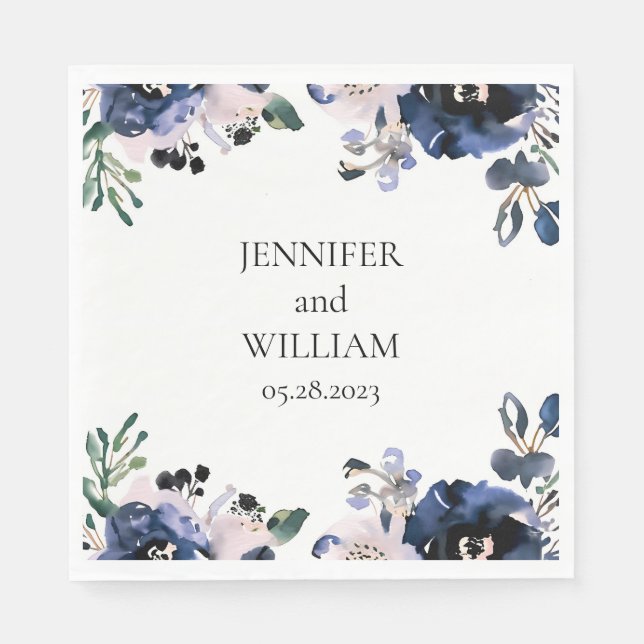 Navy Blue and Blush Pink Elegant Floral Wedding Napkin (Front)