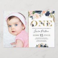 Navy Blue and Blush Pink Floral 1st Birthday Photo