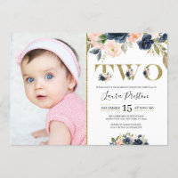 Navy Blue and Blush Pink Floral 2nd Birthday Photo