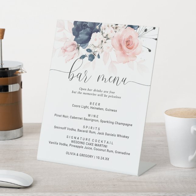 Navy Blue and Blush Pink Floral Bar Menu Pedestal Sign (In SItu)