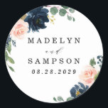 Navy Blue and Blush Pink Floral Country Wedding Classic Round Sticker<br><div class="desc">Design features beautiful watercolor peony,  rose,  eucalyptus,  greenery,  foliage/leaf elements in shades of green,  gold,  blush pink/pink peach,  and navy blue. This template also features a modern typography layout. View the collection on this page to find matching items in this design.</div>