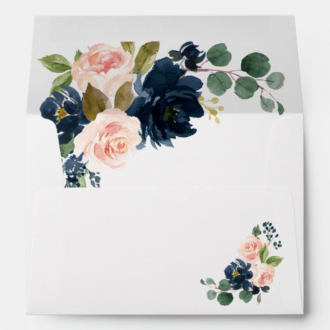 Navy Blue and Blush Pink Floral Country Wedding Envelope (Back (Bottom))