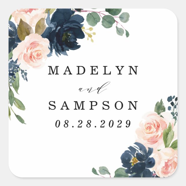 Navy Blue and Blush Pink Floral Country Wedding Square Sticker (Front)
