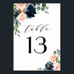 Navy Blue and Blush Pink Floral Country Wedding Table Number<br><div class="desc">Design features beautiful watercolor peony,  rose,  eucalyptus,  greenery,  foliage/leaf elements in shades of green,  gold,  blush pink/pink peach,  and navy blue. This template also features a modern typography layout. View the collection on this page to find matching items in this design.</div>
