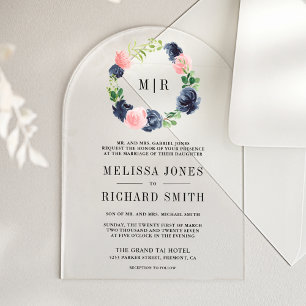 Navy Blue and Blush Pink Floral Wedding Acrylic Invitations