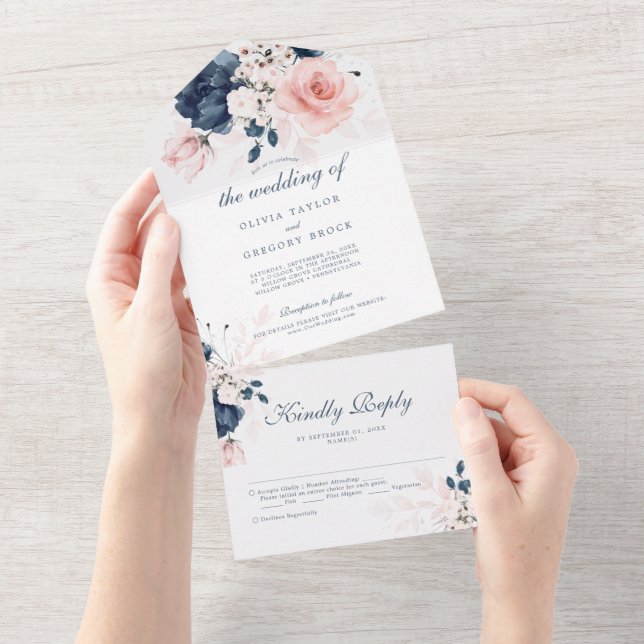 Navy Blue and Blush Pink floral Wedding All In One Invitation (Tearaway)
