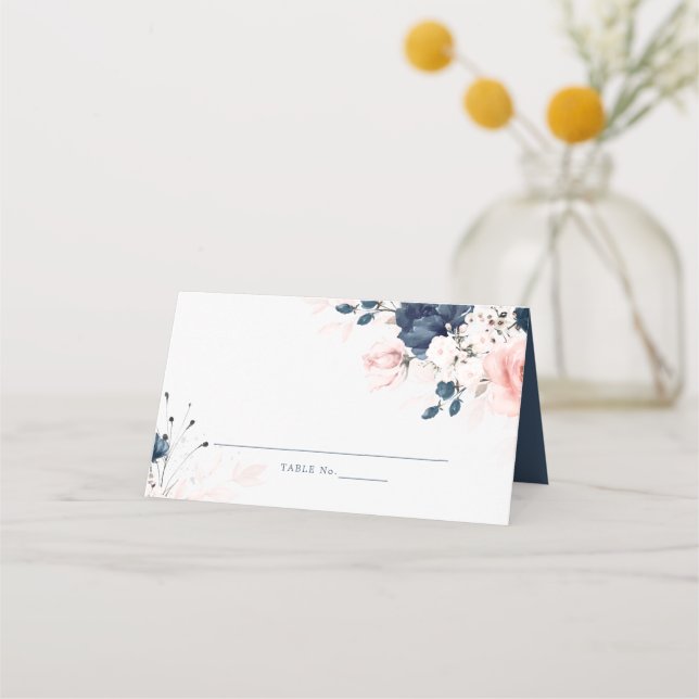 Navy Blue and Blush Pink Floral Wedding Folded Place Card (Front)
