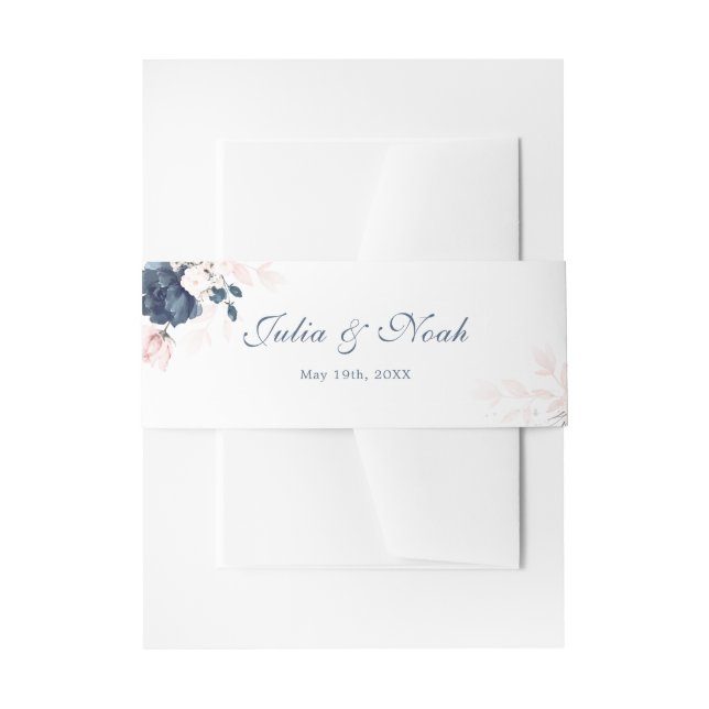 Navy Blue and Blush Pink Floral Wedding Invitation Belly Band (Front Example)