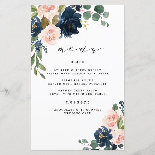Navy Blue and Blush Pink Floral Wedding Menu Cards (Front)