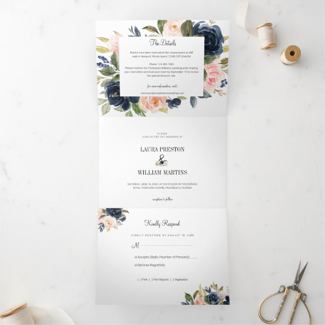 Navy Blue and Blush Pink Floral Wedding Photo Tri-Fold Invitation (Inside)