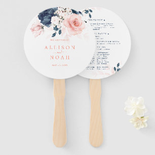 Navy Blue and Blush Pink Floral Wedding Program Hand Fan