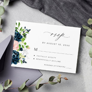 Navy blue and blush pink floral wedding RSVP card