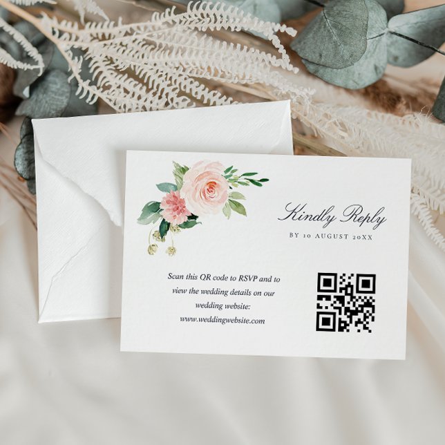 Navy blue and blush pink flowers QR code RSVP card (Creator Uploaded)
