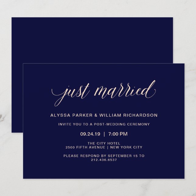 Navy Blue and Blush Pink Typography | Just Married Invitation (Front/Back)