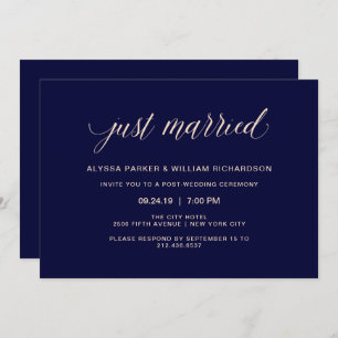 Navy Blue and Blush Pink Typography   Just Married Invitation