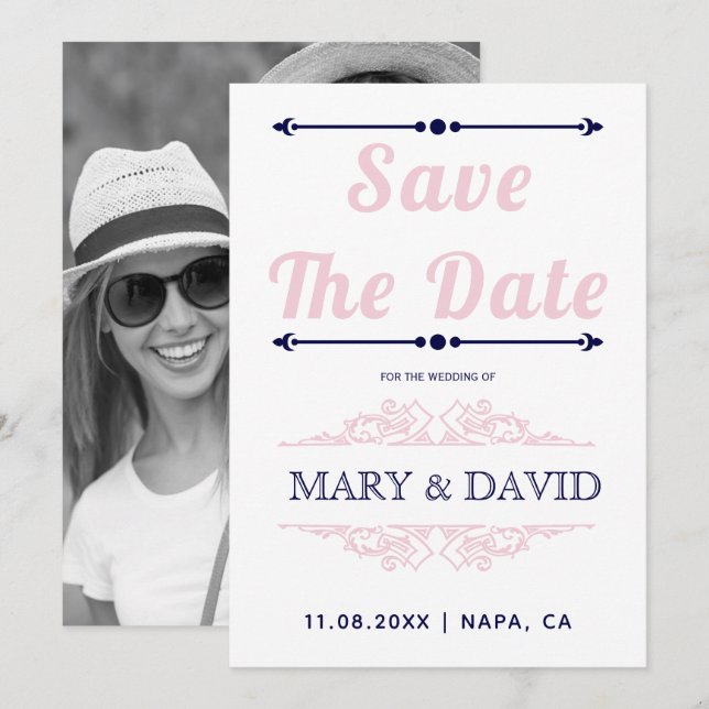 Navy blue and blush pink typography Save the Date (Front/Back)