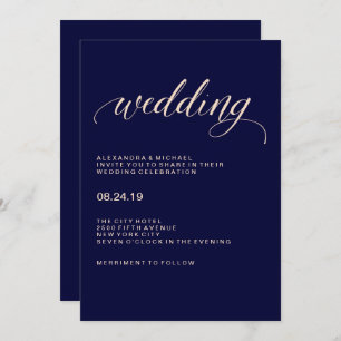 Navy Blue and Blush Pink Typography Wedding Invitation