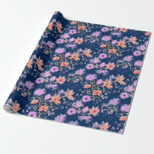 Navy Blue and Blush Pink Vintage Floral Pattern Wrapping Paper