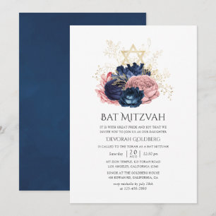 Navy Blue and Blush Pink Vintage Roses Bat Mitzvah Invitation