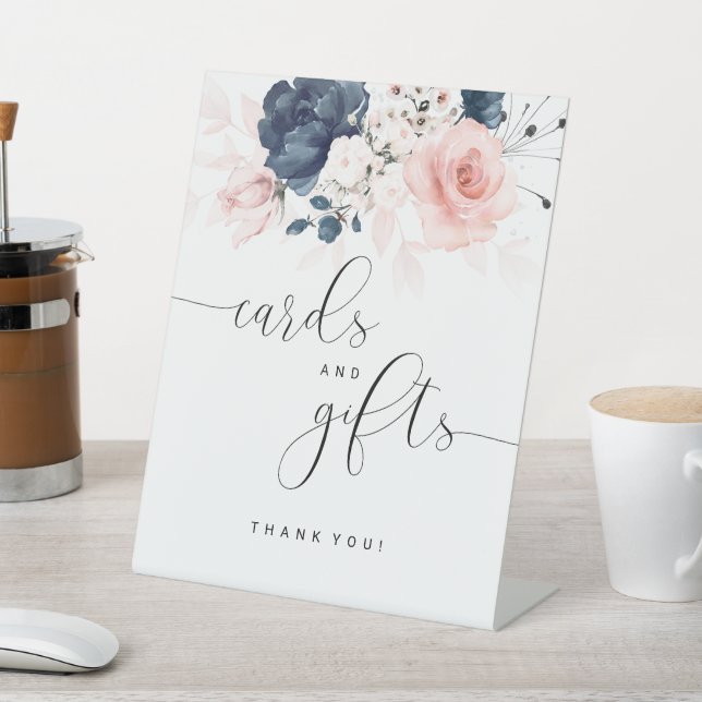 Navy Blue and Blush Pink Wedding Cards and Gifts Pedestal Sign (In SItu)